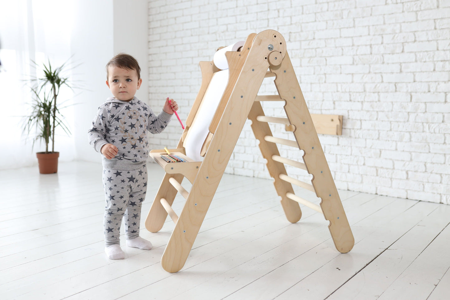 Triangle Ladder with Art Addition – Montessori Climber for Toddlers  – Beige