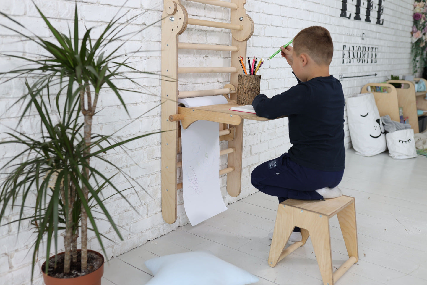 Triangle Ladder with Art Addition – Montessori Climber for Toddlers  – Beige