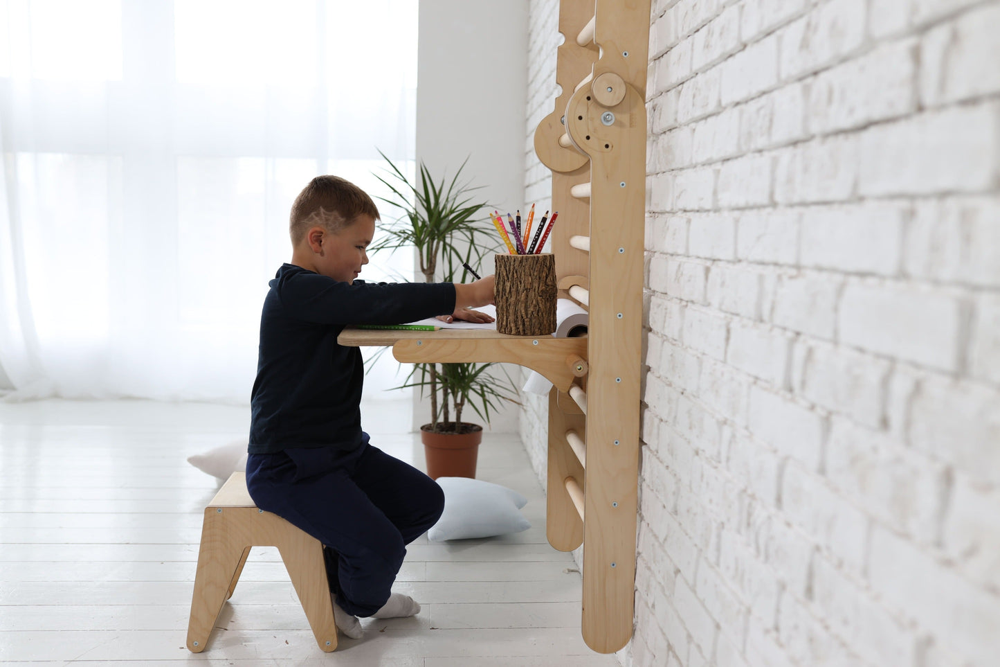 Triangle Ladder with Art Addition – Montessori Climber for Toddlers  – Beige